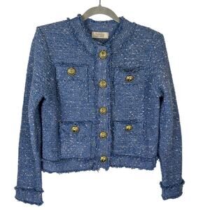 Blue Tweed Button-Front Cardigan Sweater
